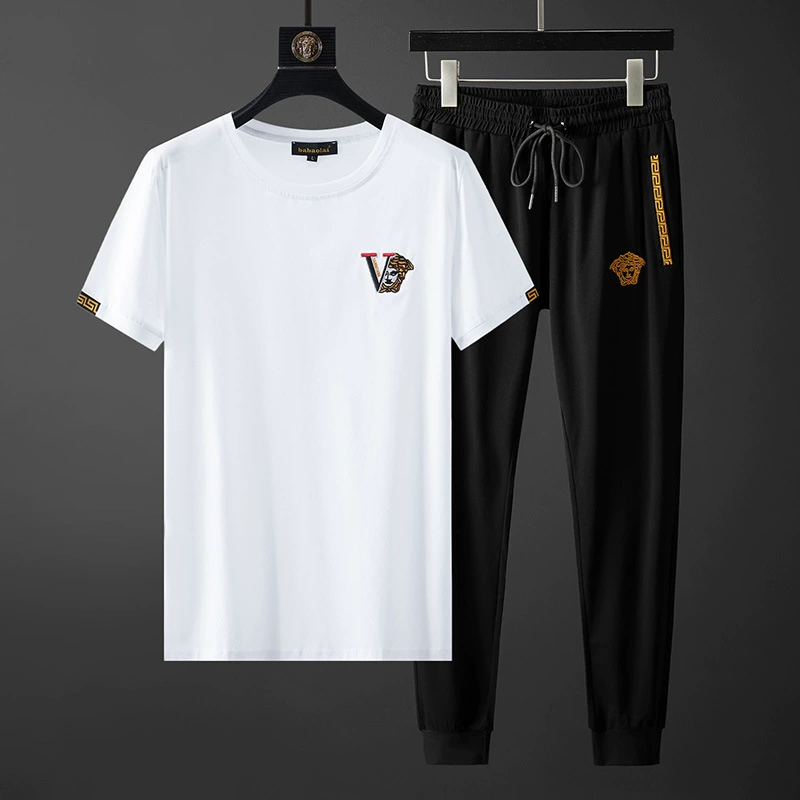 Летний повседневный костюм, мужской молодежный спортивный костюм с короткими рукавами, новинка 2024, модная брендовая мужская футболка, комплект из двух предметов