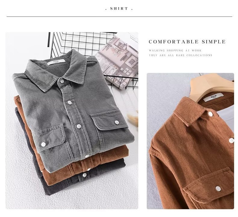 Men's Clothing Men's Style Corduroy Long Sleeved Shirt Casual Solid Color Trendy Jacket For Spring And Autumn_viptrois.com