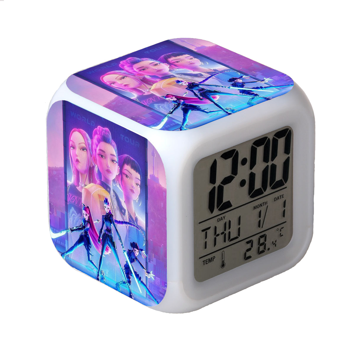 跨境货源Kpop猎魔女团七彩灯光闹钟男孩女孩卡通夜光数字小闹钟