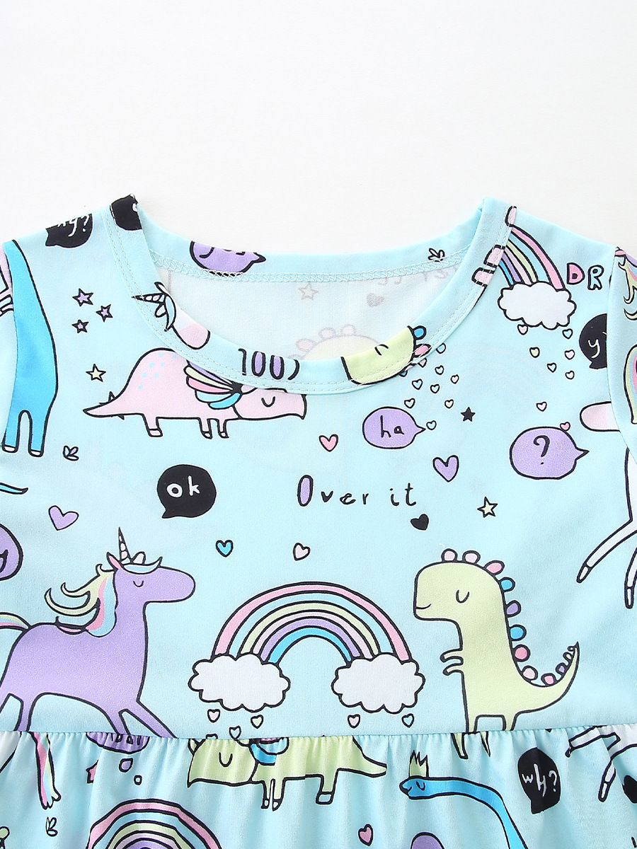 Vestido de niña de estilo europeo y americano 26 verano nuevo vestido de princesa de cuello redondo impresión de dibujos animados vestido infantil de mangas cortas un cabello image 6