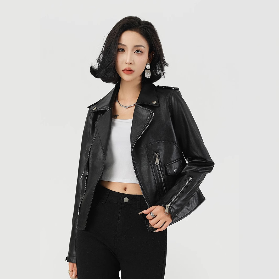 Cross-Border Leather Jacket for Women Spring New Short Motorcycle Pu Leather Lapel Jacket Slim Leather Jacket Custom Pattern Making