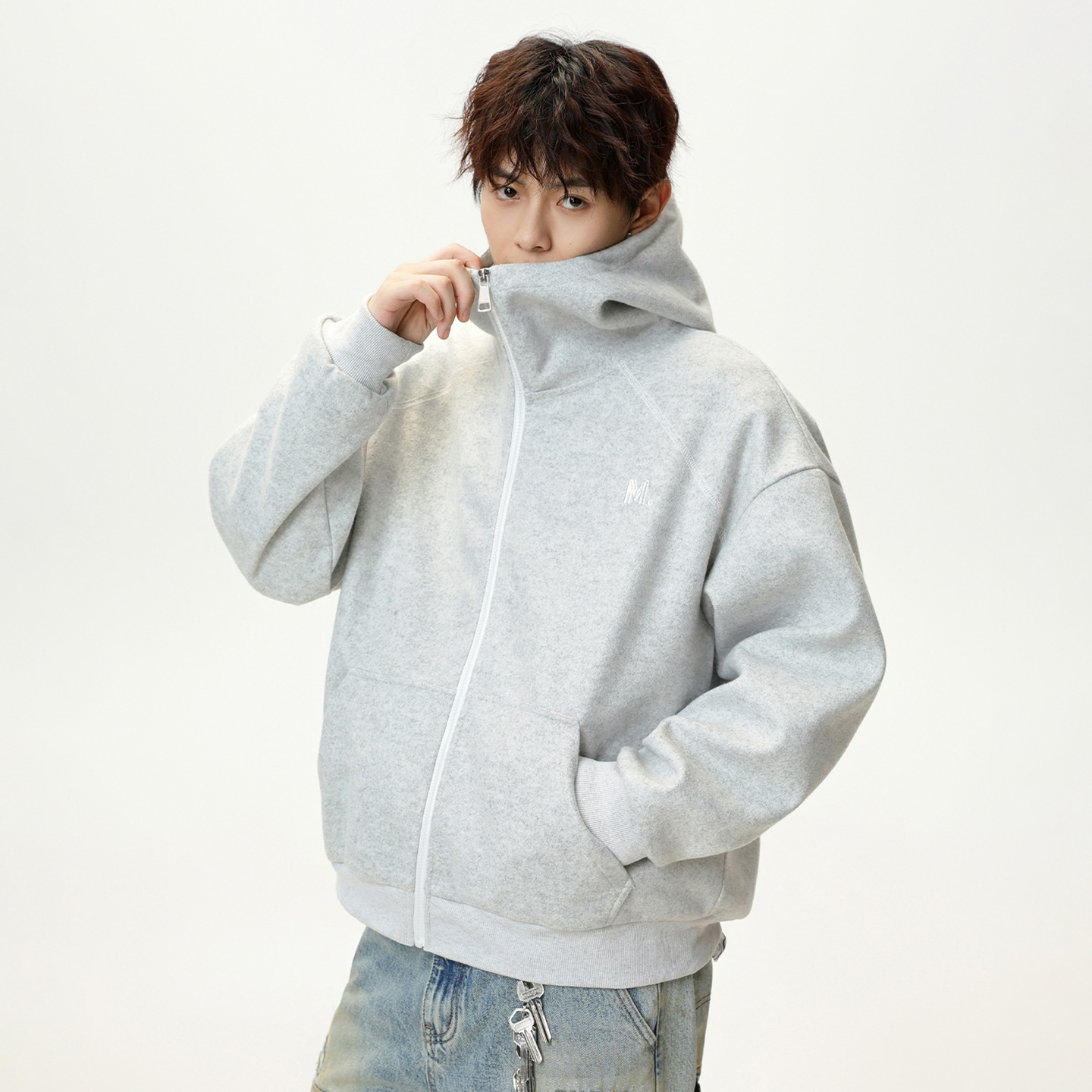 Felpa con cappuccio e cerniera in pile pesante – Pullover color block retrò con scritte ricamate (M-XXL, sale/nero/carbone/moka, 93% misto poliestere)_voghion.com