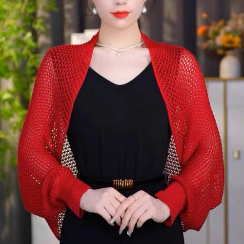Four-Season Ice Silk Long-Sleeve Shawl 2024 New Blend Summer Autumn Mesh Knit Versatile Fashion