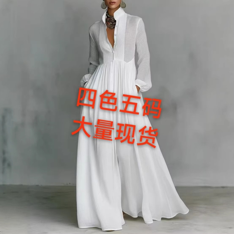 Cross-Border European and American Style French-Style Waist-Cinching Slimming Long-Sleeve Pleated Dress, Elegant and Vintage Casual Resort Style
