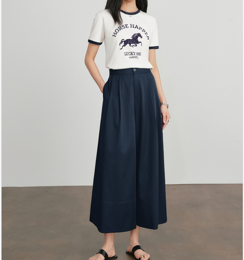 Quần culottes nữ ống rộng dáng suông, cạp cao co giãn, mặc xuân hè — Xanh lông mòng đen chi tiết 3