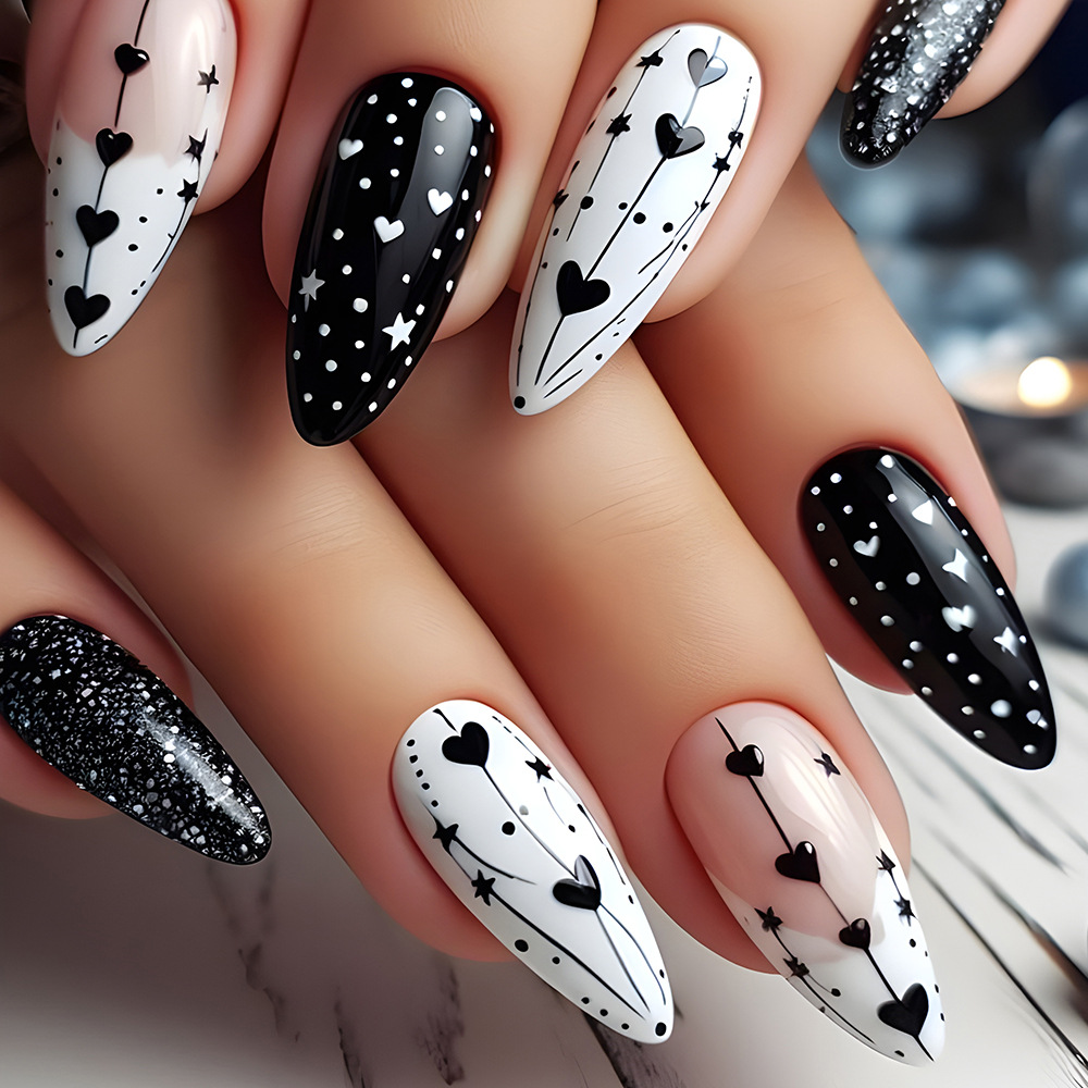 Día de San Valentín en blanco y negro amor manicure parche de uñas estrella de cielo, punto de venta en blanco y negro transfronterizo para usar uñas