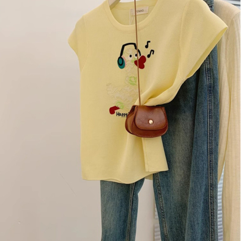 Xinmonlee Design-Inspired Short-Sleeve Knit Round-Neck Music Duck T-Shirt for Women, Summer Chic Slim-Fit Top