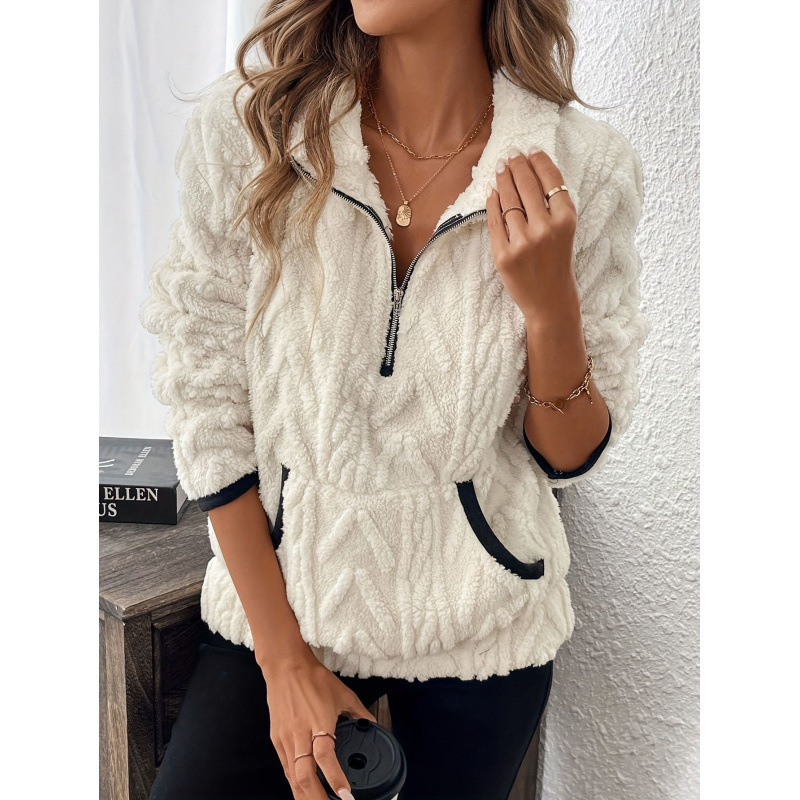 Cross-Border 2026 Autumn and Winter New European and American Style Jacquard Half-Zip Plush Pocket Short Sweatshirt for Women