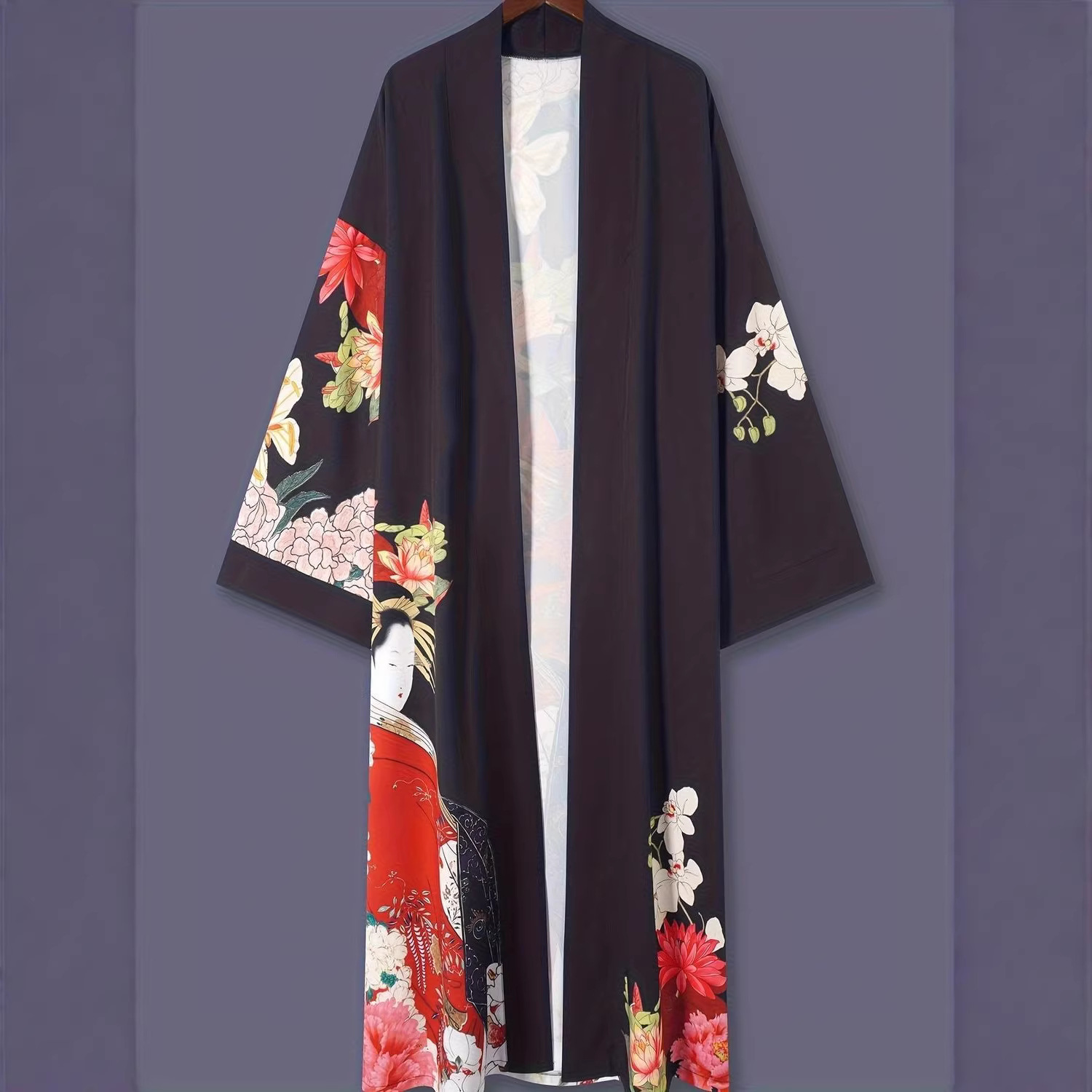 Japanese-Style Printed Mid-Length Seven-Quarter Sleeve Hanfu Cardigan Thin Jacket for Women, European and American Elegant Ethnic Style Street Casual