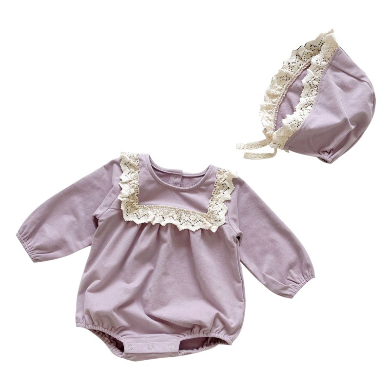 Bebé niña mono 2024 primavera y otoño estilo coreano color sólido encaje cuello bebé mameluco manga larga mameluco vaina