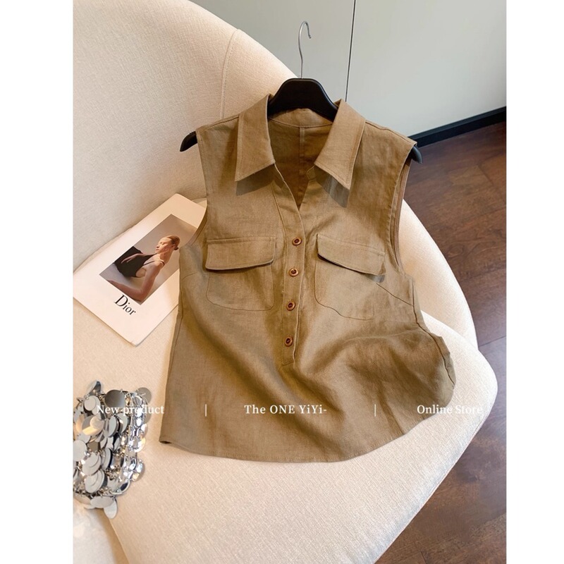 Brown polo collar sleeveless old money style cotton-linen shirt for women, summer 2023, versatile and elegant, with buttons Brown polo collar sleeveless old money style cotton-linen shirt for women, summer 2023, versatile and elegant, with buttons