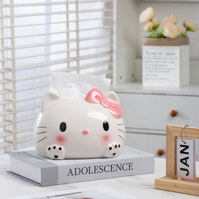 陶磁器のハローキティの漫画のティッシュの箱のかわいい創意のナプキンの箱の少女の心のデスクトップの置物のケイティは紙を引き出します。