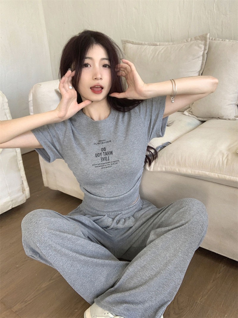 Women's Clothing Style Women's Two Piece Set Casual Gray Summer Top And Wide Leg Trousers Drawstring Tie Short Sleeved Outfit_ecoleips.com