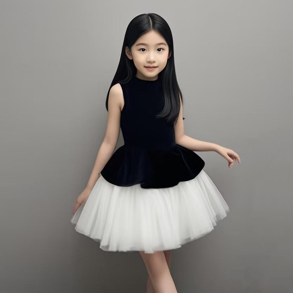 ​​Elegant Black & White Sleeveless Dress For Girls - Princess-Style Party Gown For Birthday, Violin Recital, And Host Events​​_voghion.com
