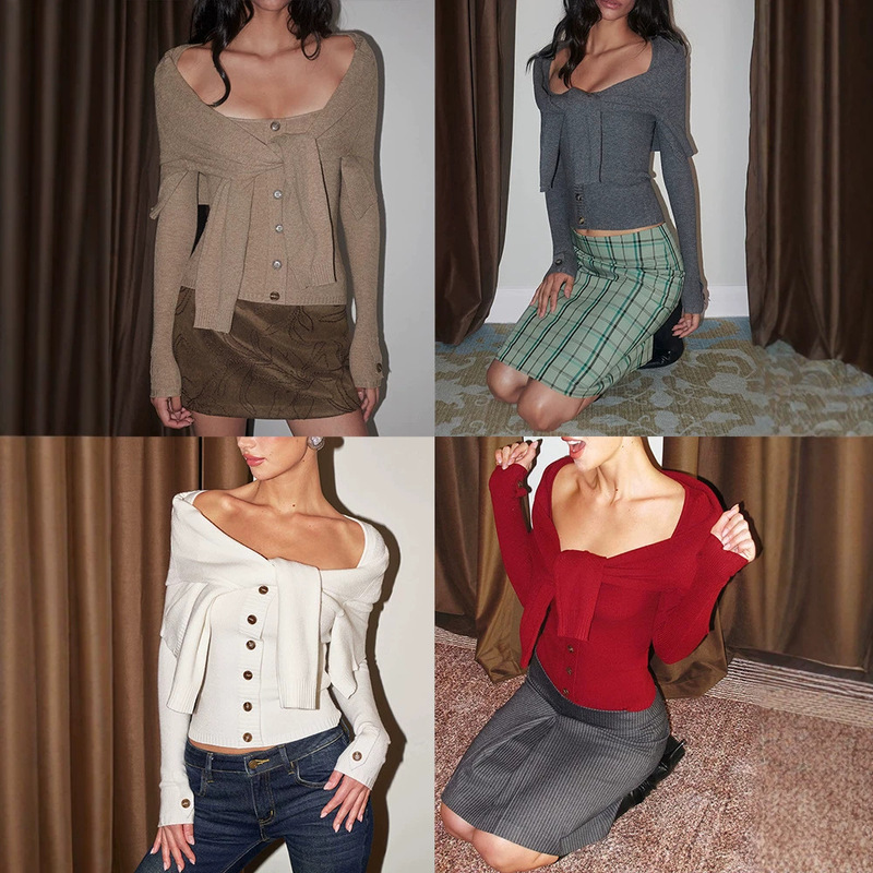 Elegant and stylish two-piece knit sweater with faux shawl straps, designed to cinch the waist and create a slimming effect, short-length long-sleeve top for women Elegant and stylish two-piece knit sweater with faux shawl straps, designed to cinch the waist and create a slimming effect, short-length long-sleeve top for women