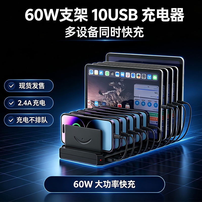 60W Ten-Port USB Multi-Device Charger with Stand, 10-Port Charging Station for Simultaneous Fast Charging of Phones and Tablets 60W Ten-Port USB Multi-Device Charger with Stand, 10-Port Charging Station for Simultaneous Fast Charging of Phones and Tablets