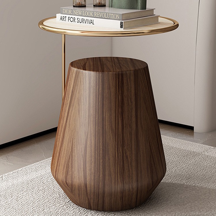 Mesa lateral de losa de roca de lujo ligero, sofá de sala de estar, esquina móvil redonda minimalista, diseño de cabecera, mesa de centro pequeña de nogal