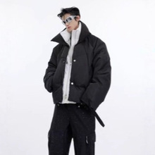 冬季PU皮拼接假两件棉衣男亮面双层小众设计感加厚宽松棉服外套潮