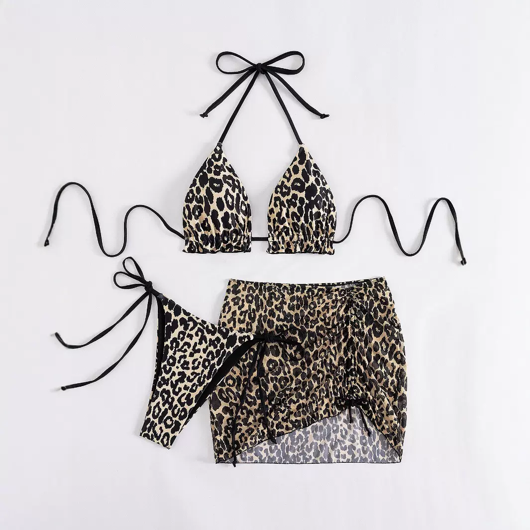 亚马逊外贸比基尼泳装2025新款欧美豹纹系带性感泳衣女三件套批发