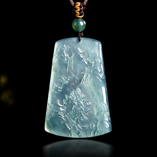 High-End Natural A-Grade Jadeite Blue Water Landscape Pendant Artistic Ice Waxy Jade Pendant for Men and Women