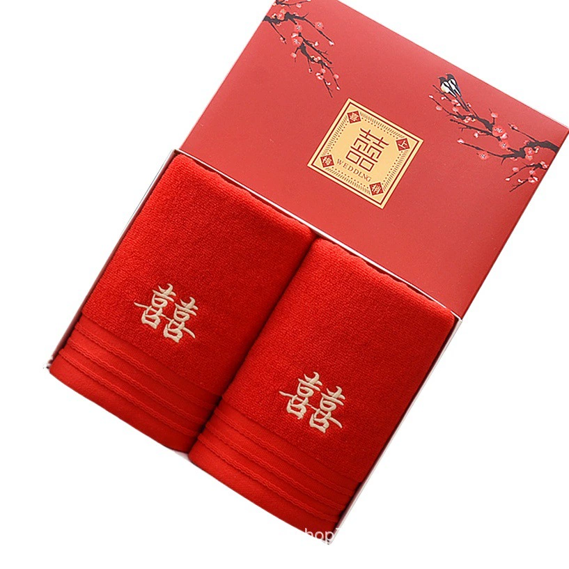 Свадебный счастливый персонаж из чистого хлопка красное полотенце впитывающее мягкое обручальное свадебное практичное полотенце для рук подарочная коробка