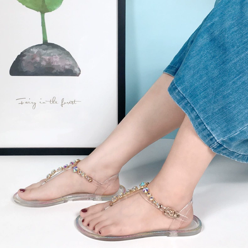 Transparent PVC Beach Sandals with Rhinestone Chain, Women’s Summer Flip-Flops, Sizes 36–42