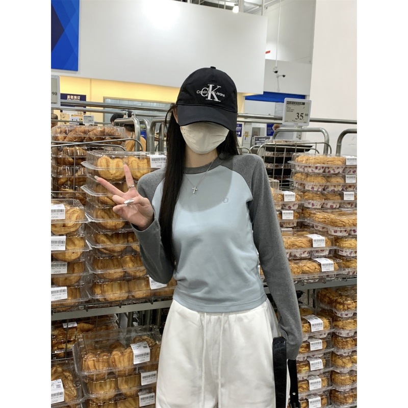 减龄短款打底衫女别致插肩拼色圆领长袖2025秋新款内搭甜酷风上衣|undefined