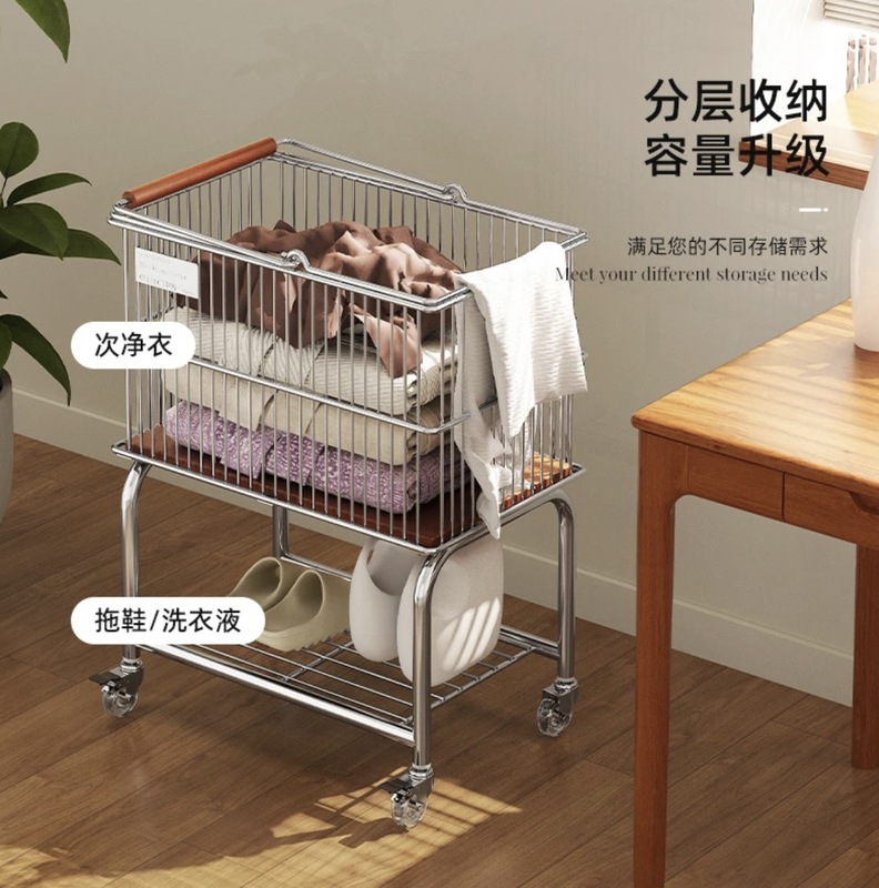 中古风收纳小推车置物架家用脏衣篮卫生间浴室衣服收纳筐洗衣篮子|undefined