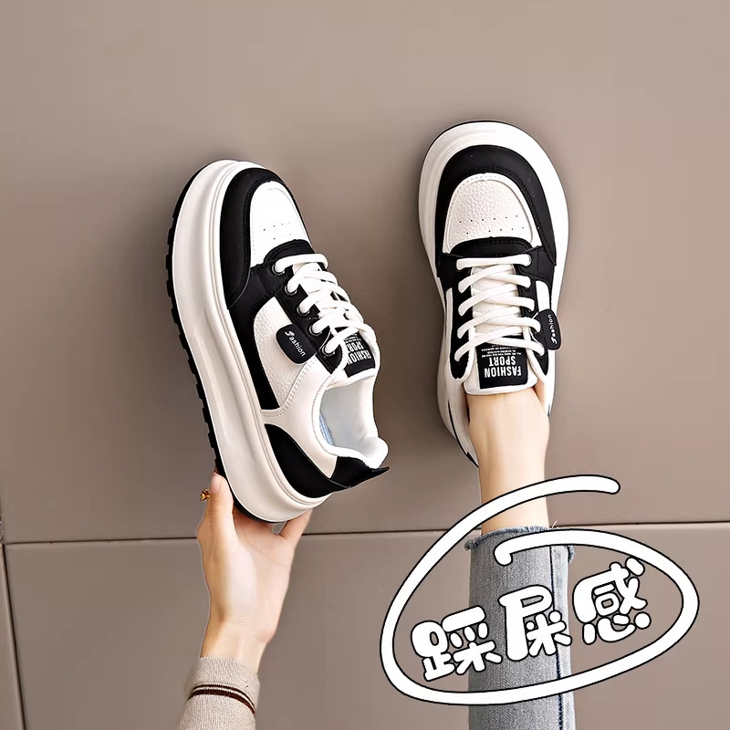 Soft Leather Thick-Soled White Sneakers for Women, Spring/Summer 2025 New Model, Soft Sole Black and White Panda Sports Sneakers, Size 34