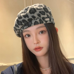 豹纹贝雷帽女款秋冬季文艺简约蓓蕾帽潮流时尚英伦风画家帽现货