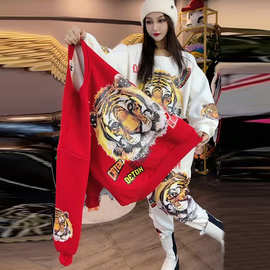 加绒加厚运动套装女秋冬时尚宽松虎年红色长袖卫衣休闲裤子两件套
