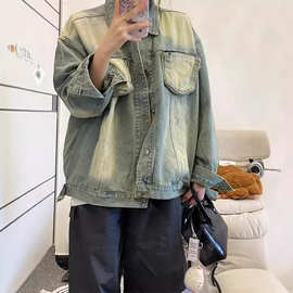 美式复古立体拉链口袋做旧牛仔外套男女痞帅拼接设计感宽松夹克
