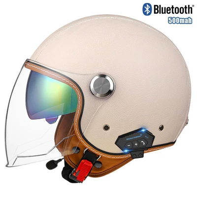 Motosiklet kaskı (dəbilqə) – retro leather helmet motorcycle bluetooth - lychee-pattern-off-white-outer-length-and-inner-colorbluetooth-m