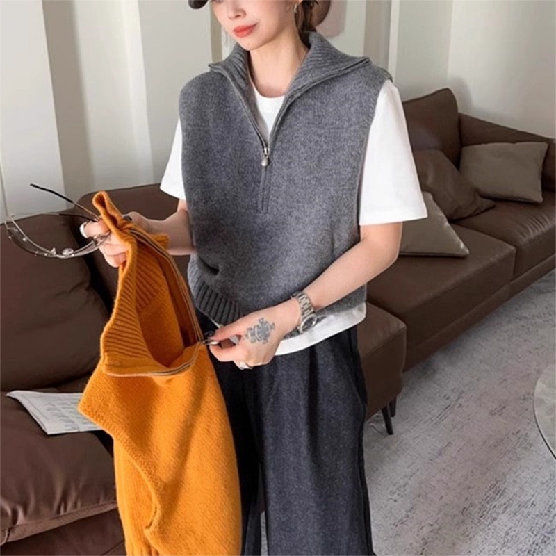 复古松弛感半拉链无袖针织马甲女装叠穿洋气减龄休闲坎肩背心上衣|undefined
