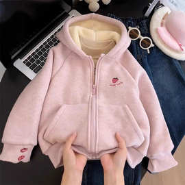 女童加绒加厚秋冬款拉链外套甜美粉色草莓中大童洋气时髦长袖连帽