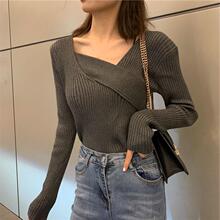 胖妹妹心机上衣女交叉斜领长袖套头针织衫2025春秋新款大码打底衫