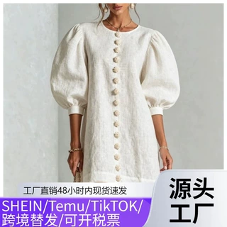 跨境新款时尚百搭灯笼袖棉麻连衣裙圆领单排扣宽松遮肉度假风