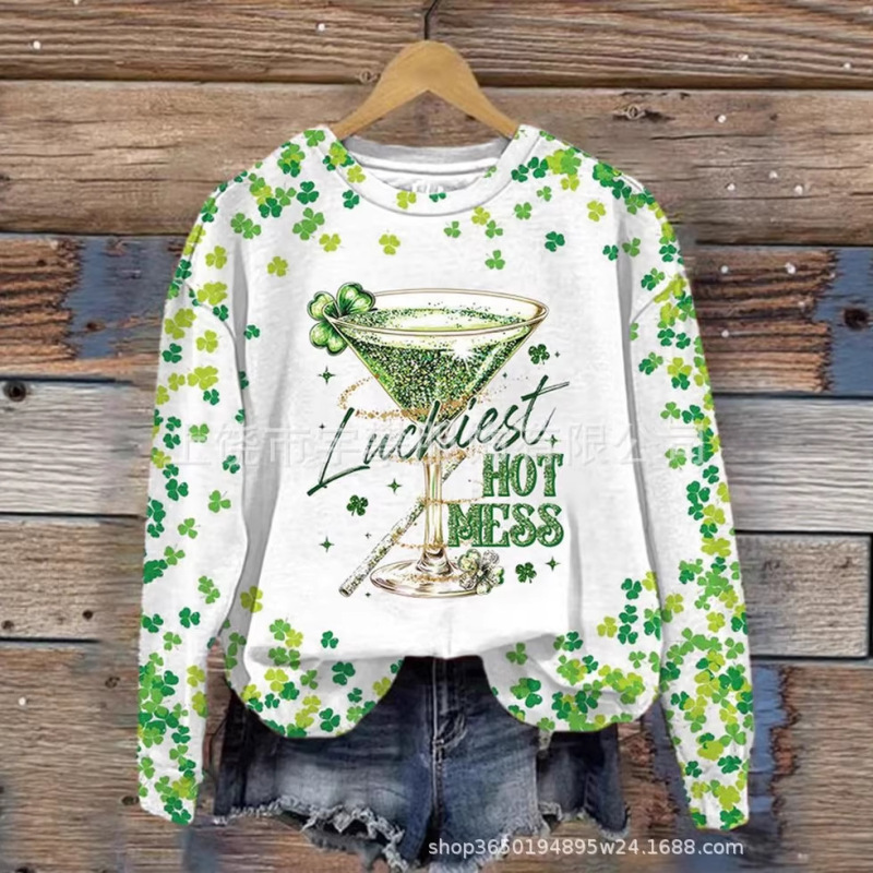 St. Patrick's Day Clover Martini Print Crew Neck Sweatshirt for Men and Women, Available in Multiple Colors, Loose Casual Style