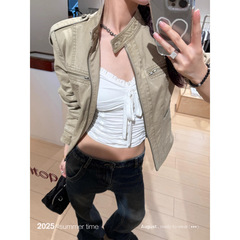 现货立领做旧美式复古短款牛仔外套女早秋新款正肩夹克上衣