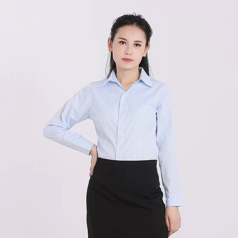 职业竖条纹白衬衫长袖修身气质时尚正装女工装大码衬衣