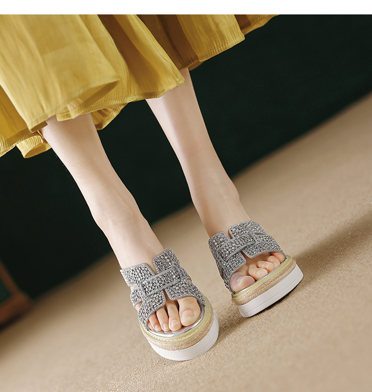 Sandal cao gót nữ hở mũi đính đá pha lê quai ngang đế xuồng — Champagne màu, bạc chi tiết 7