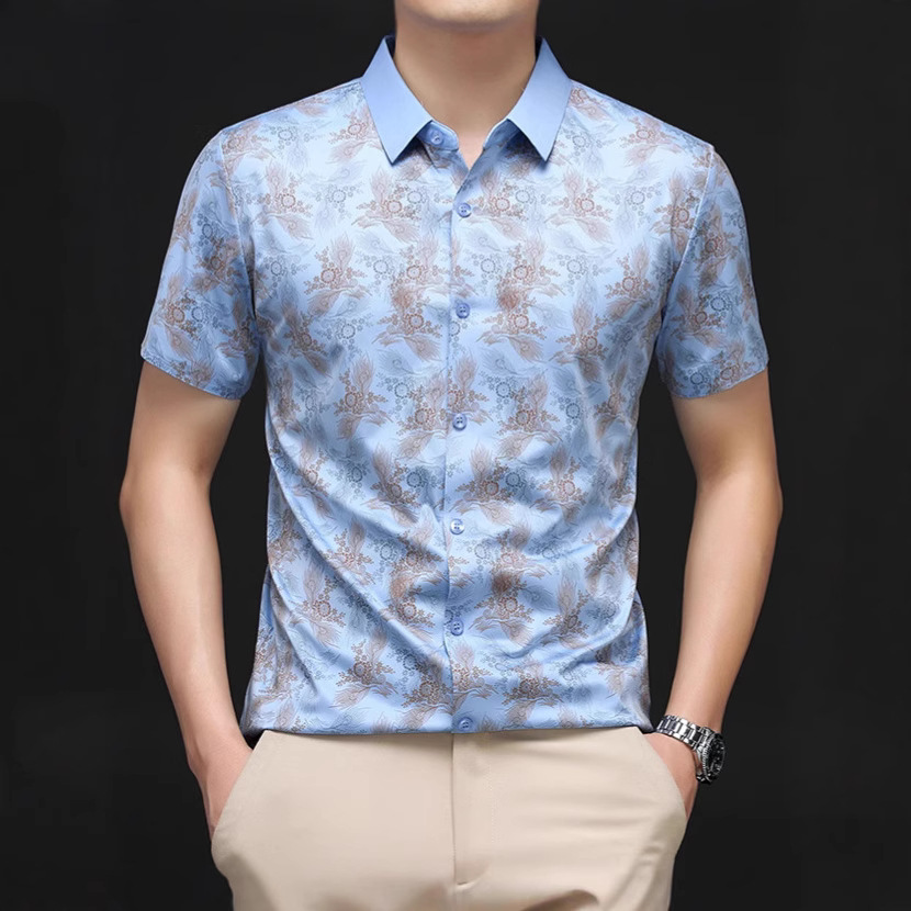 [Factory Direct Sales] Summer Classy Men's Ice Silk Flower Shirt New Short-Sleeved Dad Casual No-Iron Shirt