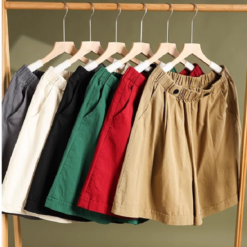 Pure Cotton Summer Retro Solid Color Wide-Leg Cargo Shorts for Women with Elastic Waist, Loose Plus Size, Slimming Versatile Knee-Length Shorts