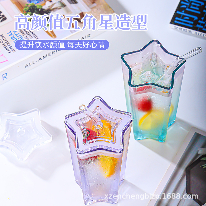 Vasos de paja al por mayor, vasos de vidrio con forma de estrella de cinco puntas, vasos degradados de colores, vasos para bebidas frías con tapas, tazas de café, regalos para mujeres