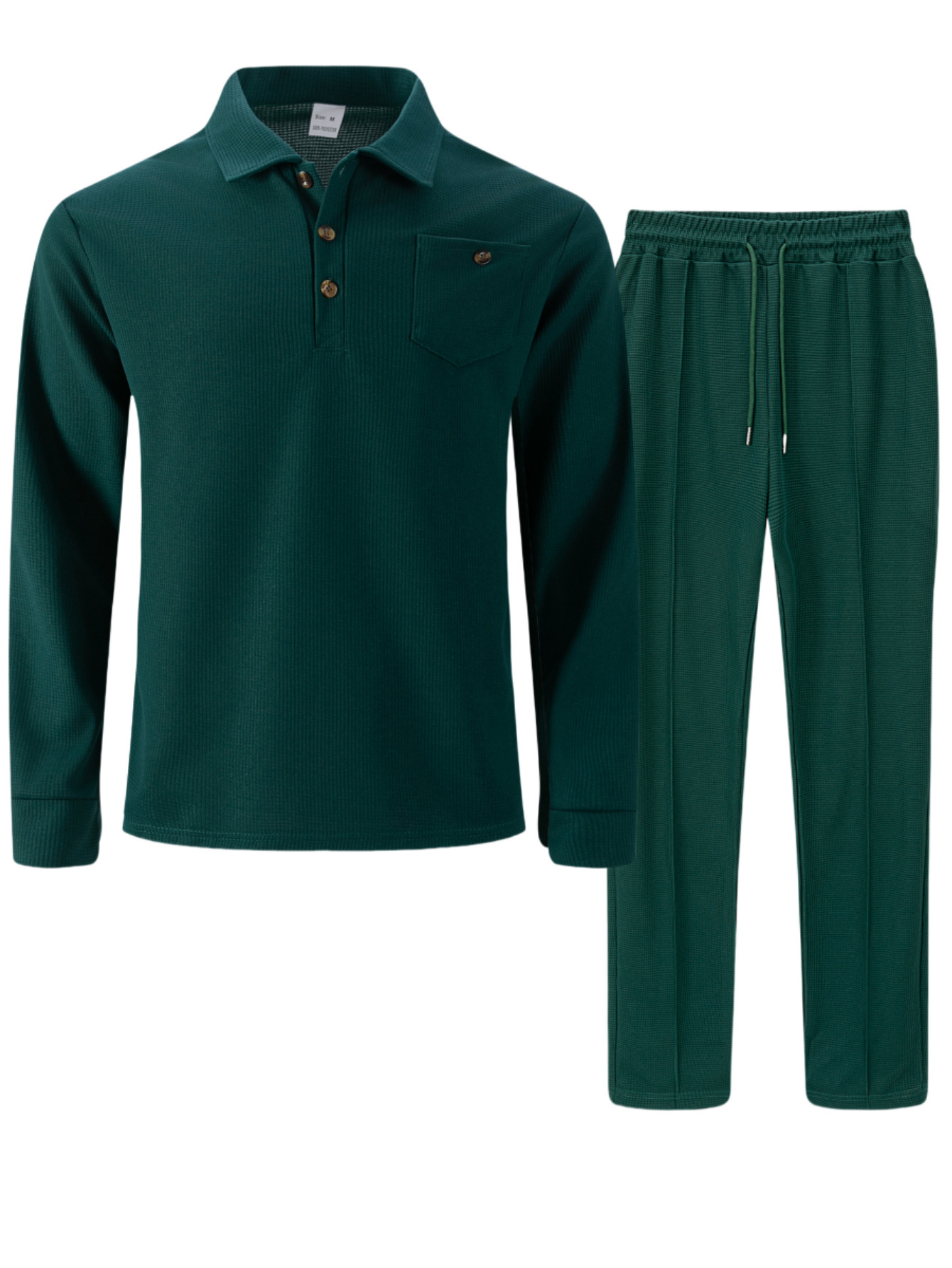 Men's Waffle Knit Shirt And Trousers Suit Casual Long Sleeve Set_voghion.com