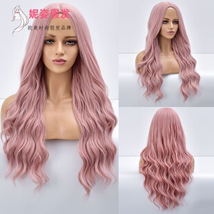 Amazon new European and American women's wigs in long curls pink chemical fiber wig headgear manufacturers spot wholesale