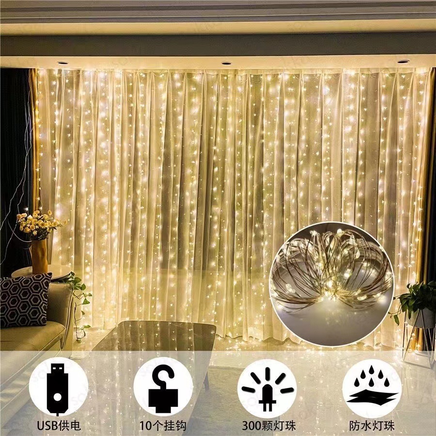 LED lámpara de alambre de cobre lámpara de cortina 3 * 3m lámpara de color cadena de lámpara de control remoto USB enchufable dormitorio sala de estar atmósfera festiva