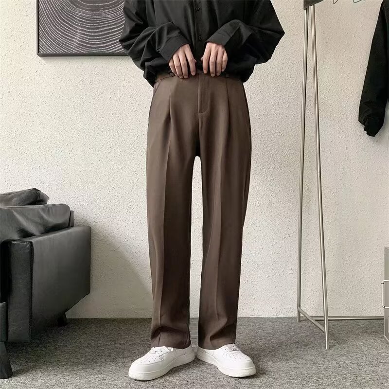 日系咖色西装裤男ins韩风坠感阔腿裤直筒宽松百搭垂感拖地小西裤