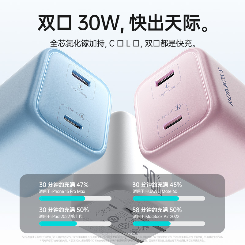 罗马仕苹果充电头双口30W氮化镓充电器适用华为苹果iPhone15快充|undefined