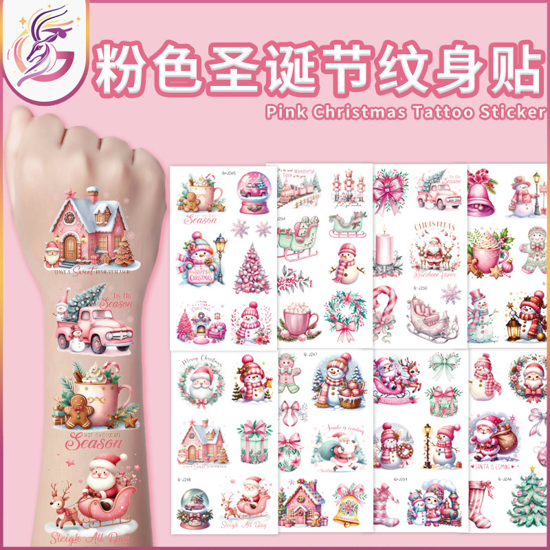 Pink Christmas Tattoo Stickers Cute Winter Snowman Socks Various Pink Christmas Style Temporary Tattoo Stickers